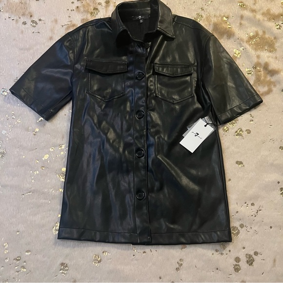 NWT 7 For All Mankind XS Oversized Leather Button Down Short Sleeve Black Jacket - Picture 4 of 9